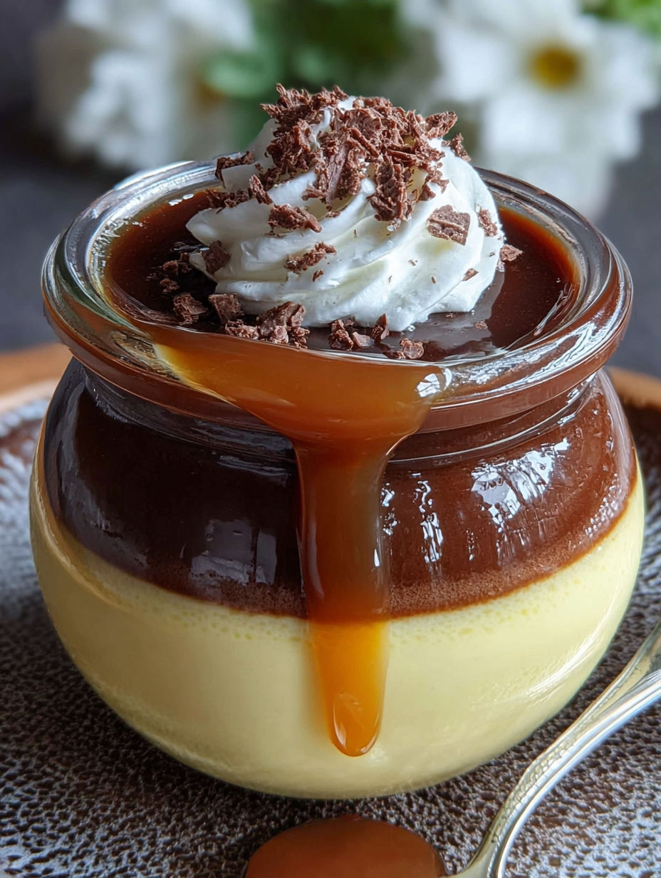 Gros plan sur le caramel fondant s'écoulant sur les couches de crème dessert.