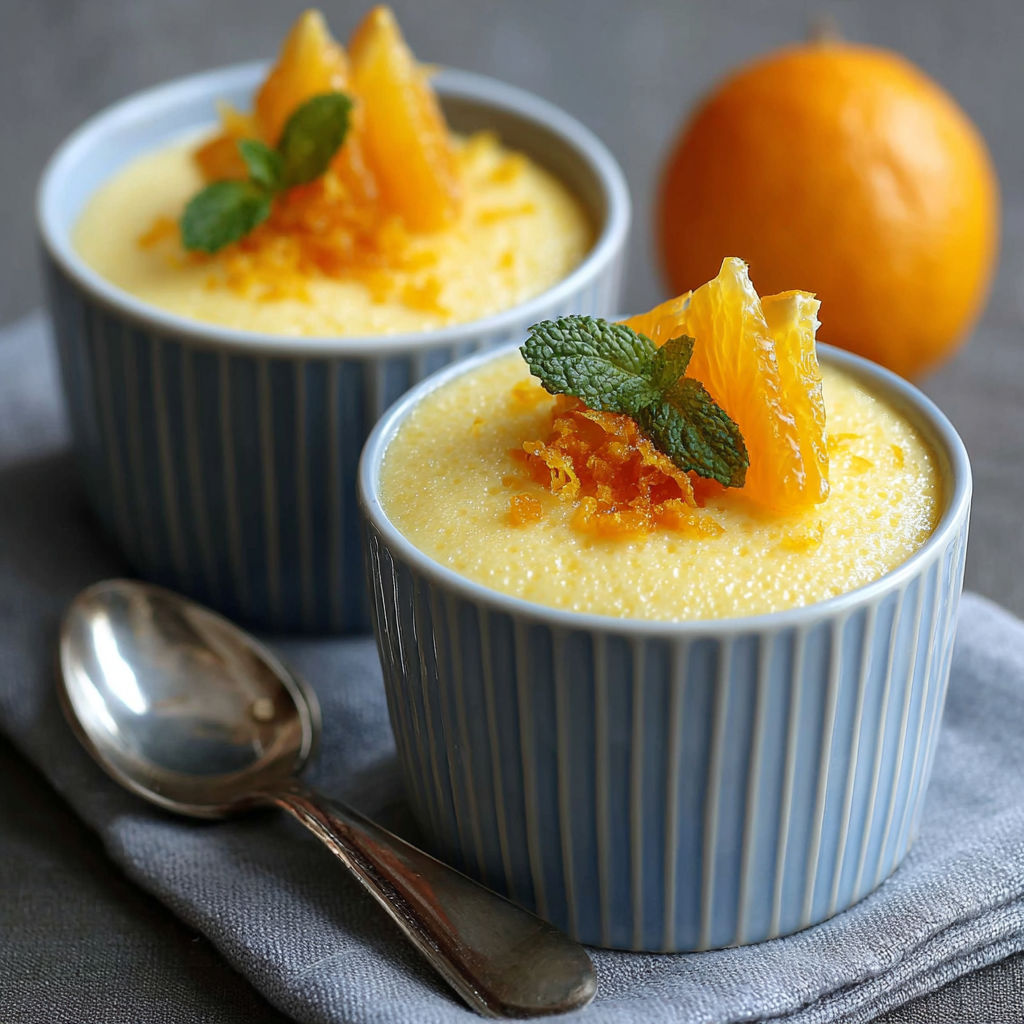 Ramequins bleus et blancs remplis de crème à l'orange et décorés de quartiers de fruits frais.
