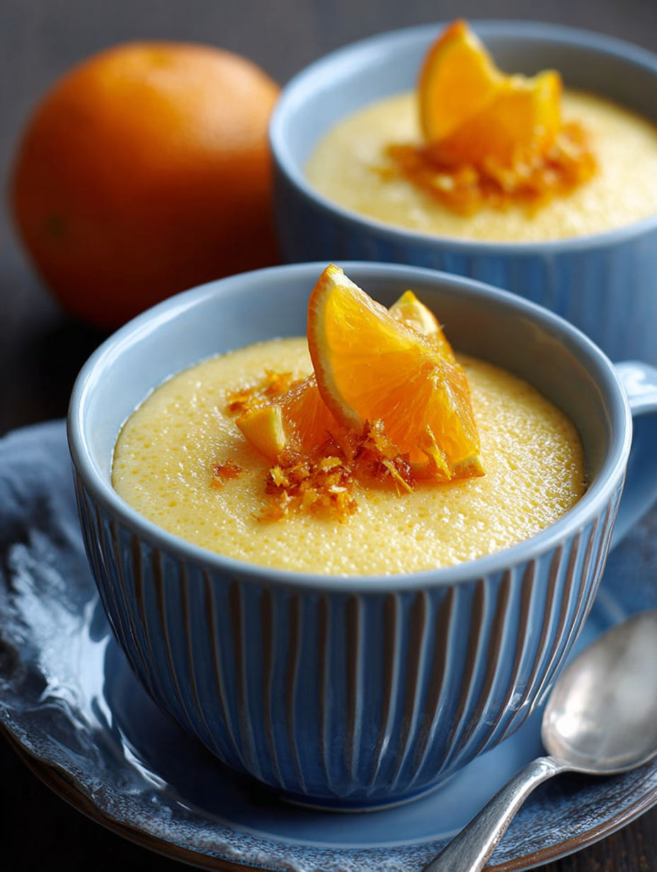 Gros plan sur une tasse de crème veloutée à l'orange infusée au miel.