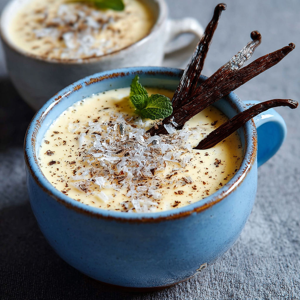 Tasse élégante de crème vanille onctueuse parsemée de noix de coco et décorée de menthe fraîche.