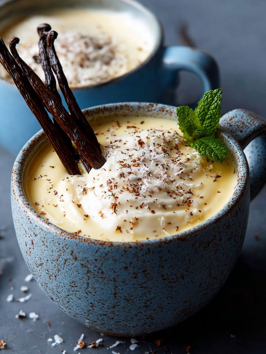 Gros plan sur la texture veloutée de la crème dessert vanille infusée aux herbes fraîches.