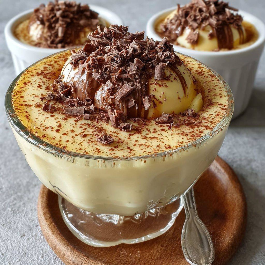 Une crème dessert cafe chocolat croustillante est servie dans un bol sur un plateau.