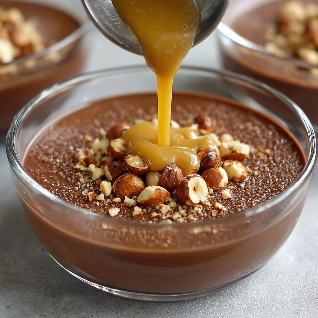 Verrine généreuse de crème au chocolat noir surmontée d'éclats de noisettes torréfiées.