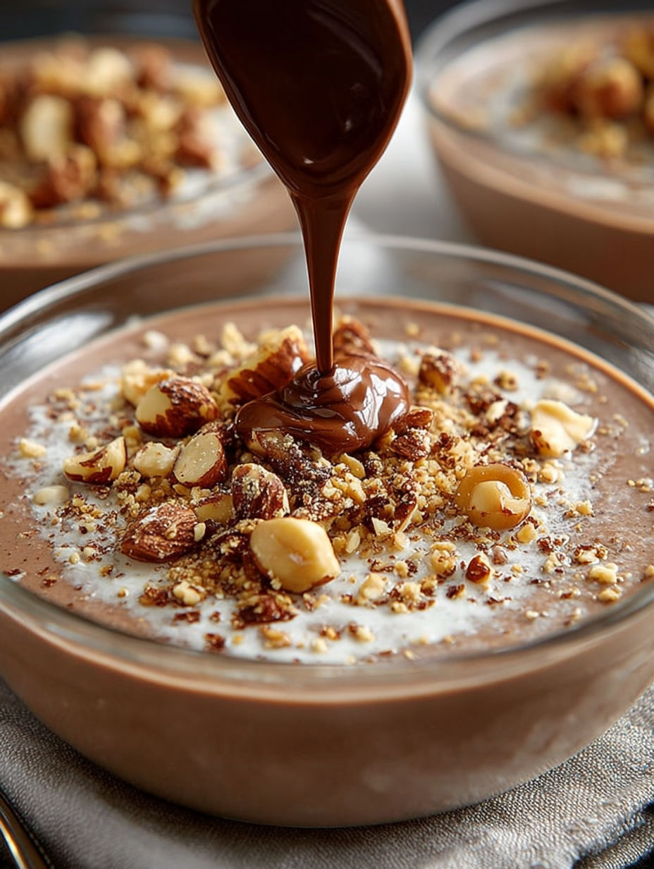 Gros plan sur la texture veloutée de la crème chocolat parsemée de noix.