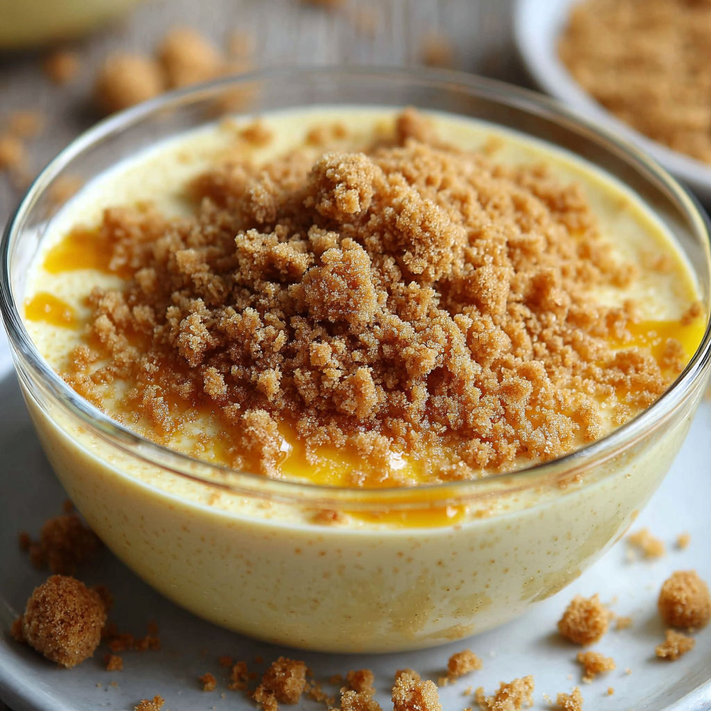 Une crème dessert vanillée au crumble croustillant est servie dans un bol.