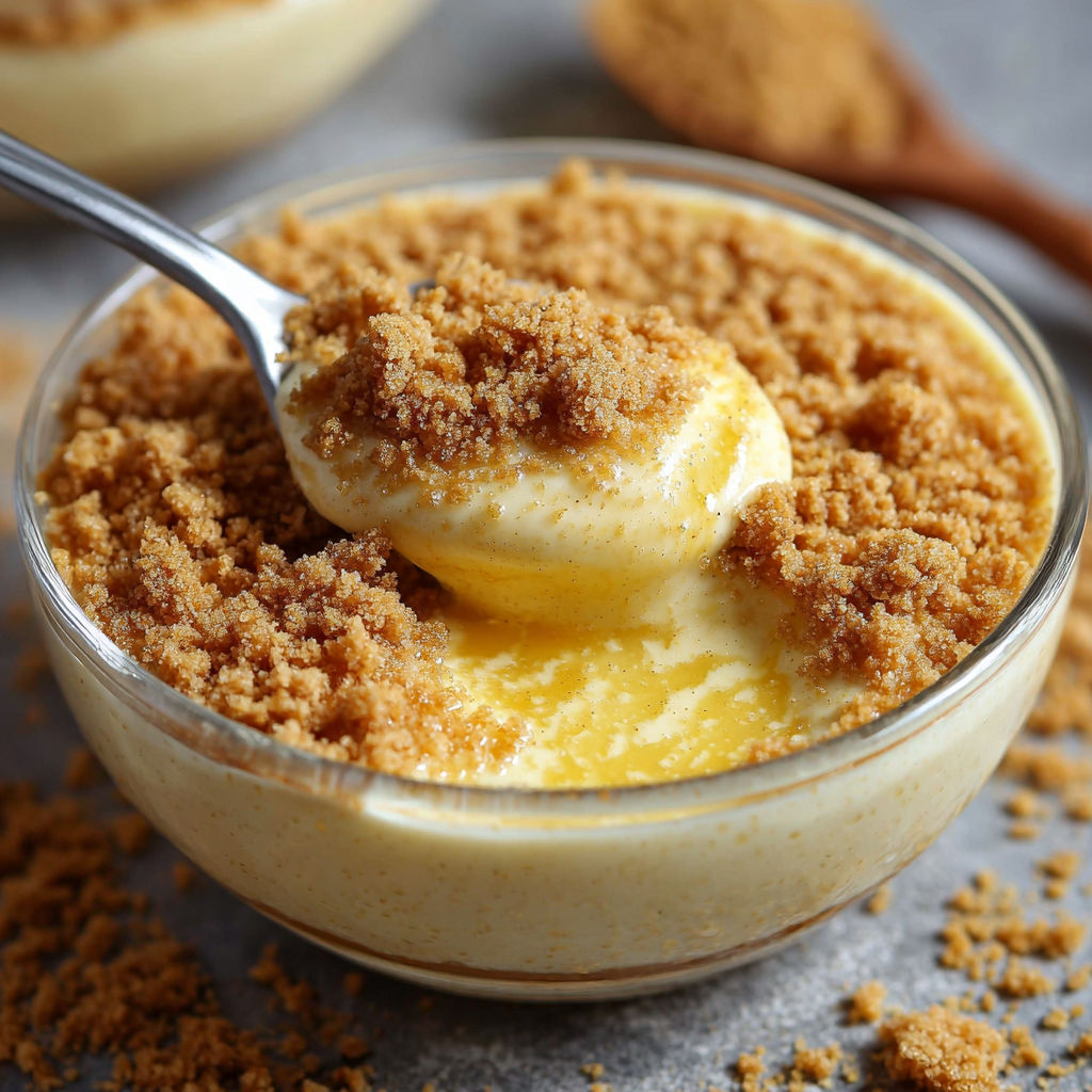 Verrines gourmandes de crème à la vanille surmontées d'un crumble de biscuits dorés.