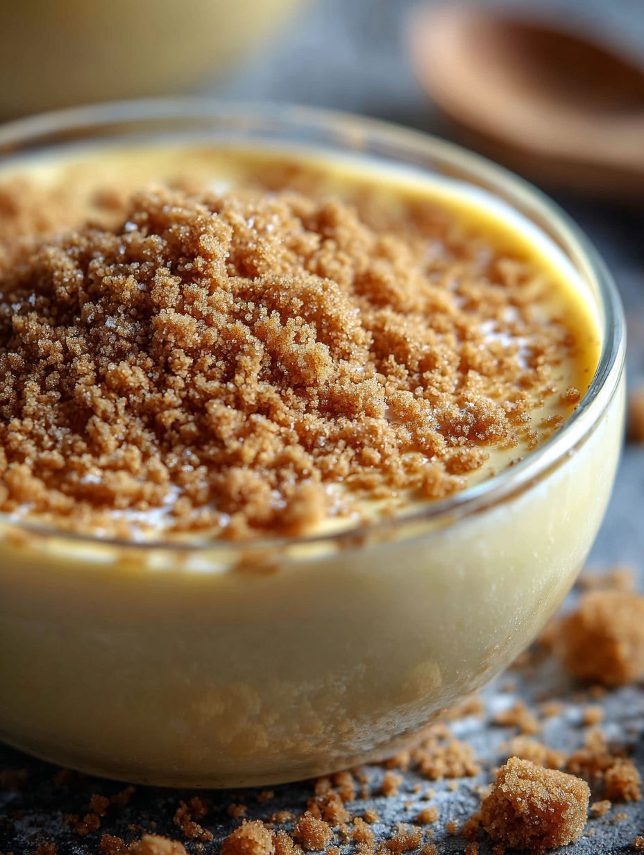 Gros plan sur la texture soyeuse de la crème vanille sous son chapeau de crumble.