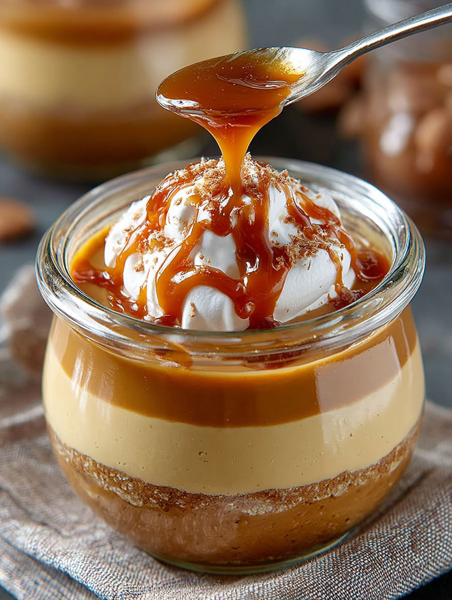 Gros plan sur la cuillère plongeant dans la crème café, traversant le caramel et la chantilly.