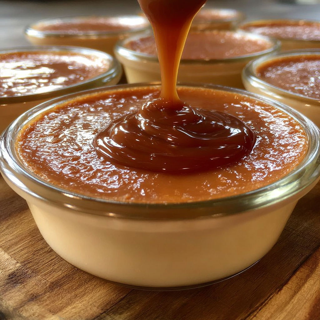 Une onctueuse crème au caramel nappée d'une sauce ambrée brillante.