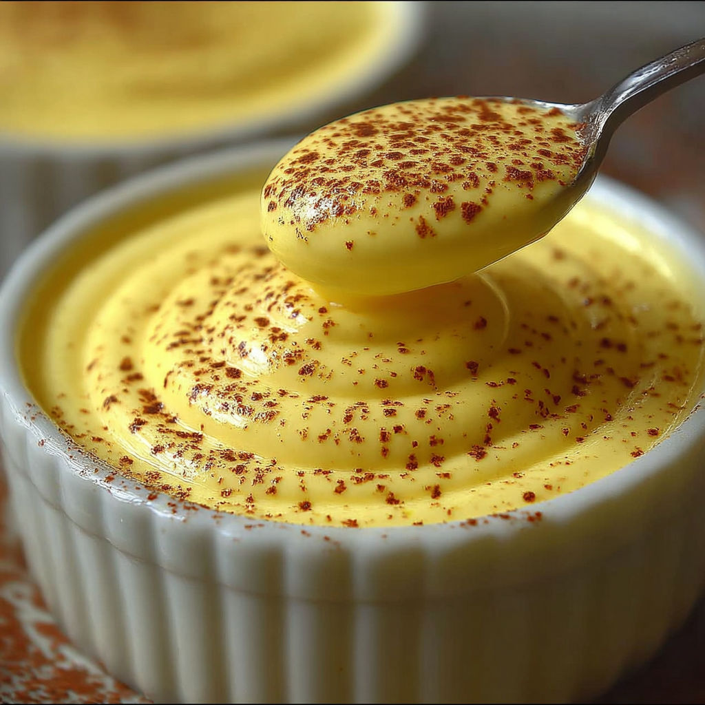 Crème vanille onctueuse servie dans un bol avec une touche de cacao poudré.