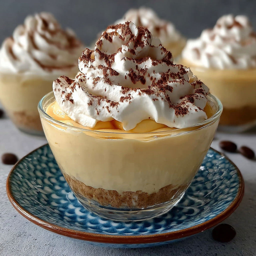 Verrine élégante de crème au café surmontée d'un dôme de chantilly et saupoudrée de cacao.