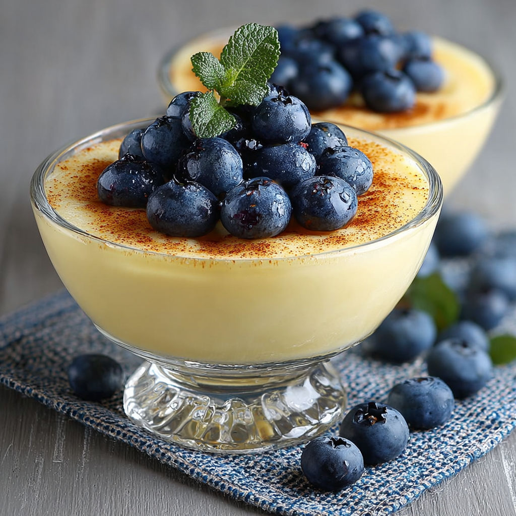 Verrine gourmande à la vanille garnie de myrtilles fraîches et parfumée à la cannelle.