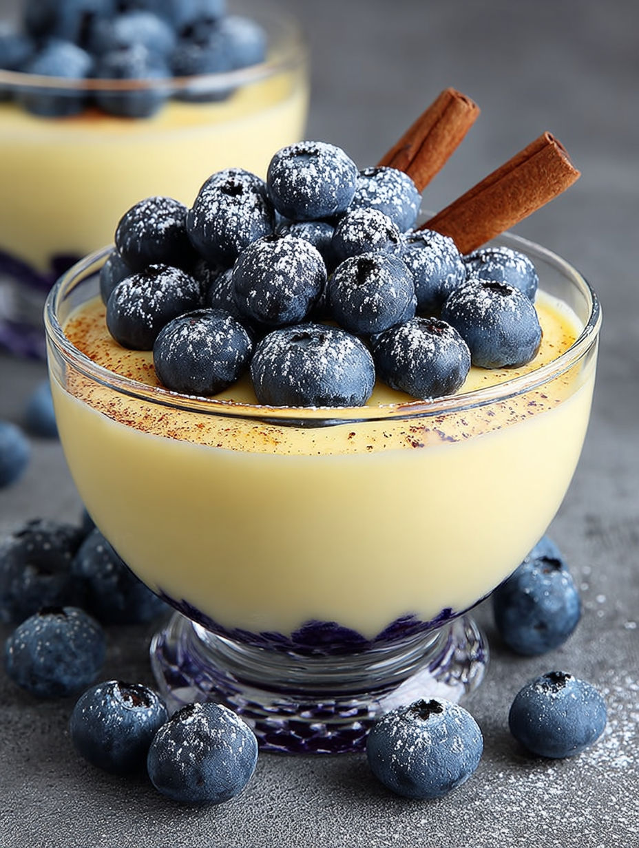 Détail de la crème onctueuse vanillée surmontée de myrtilles et de bâtons de cannelle.