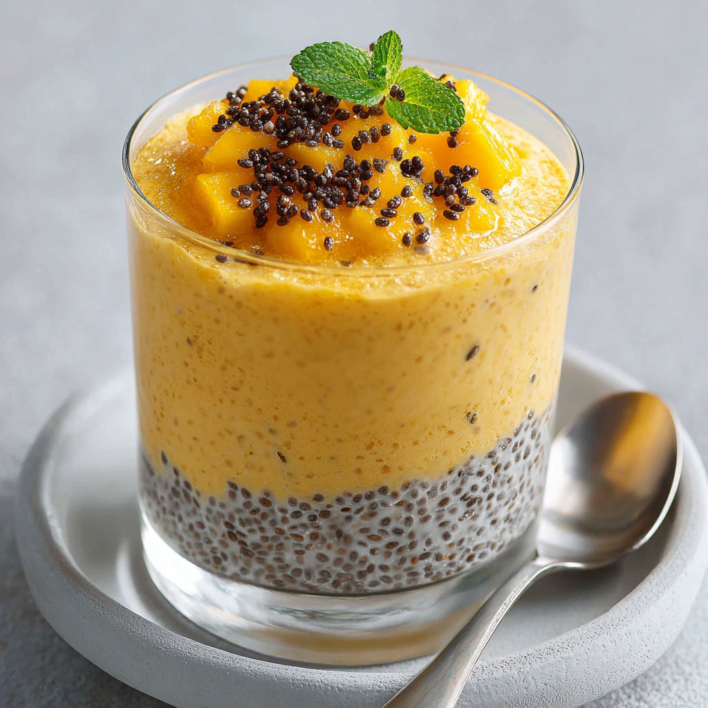 Une crème dessert mangue et graines de chia est servie dans un verre.