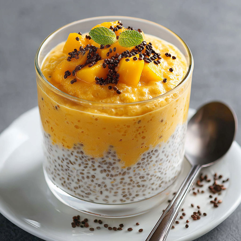 Verrine exotique de pudding de chia à la mangue et lait de coco.