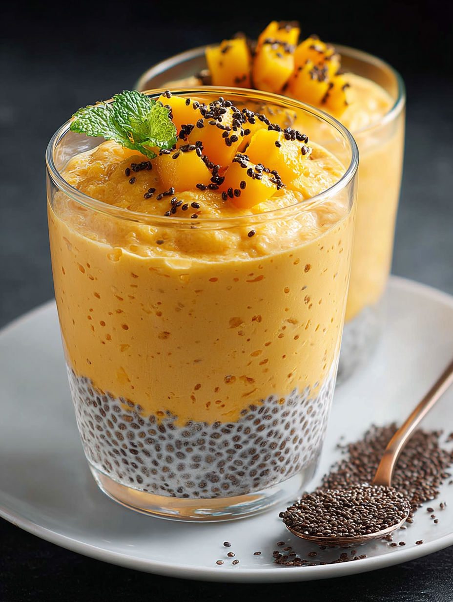 Zoom sur la texture des graines de chia gonflées dans la crème de mangue.