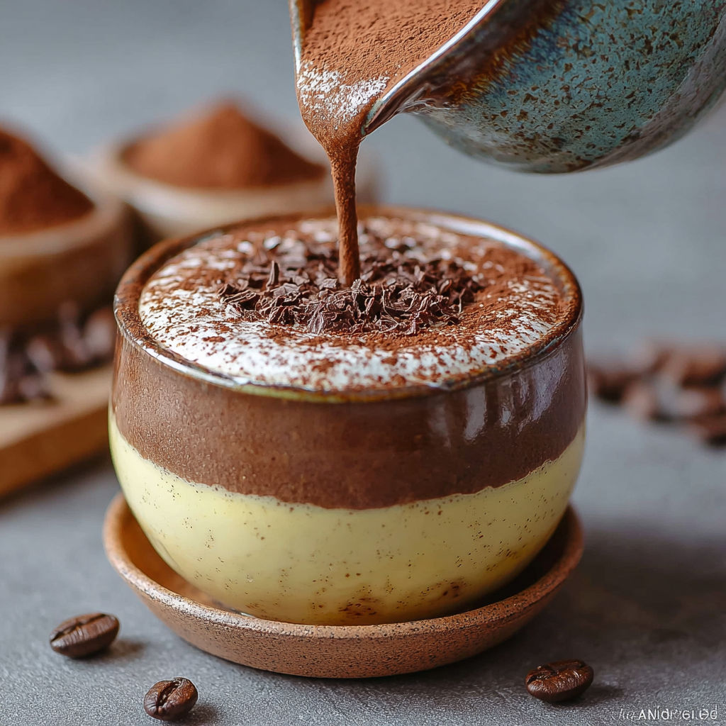 Verrine gourmande chocolat-café avec sa couche de crème montée et son voile de cacao.