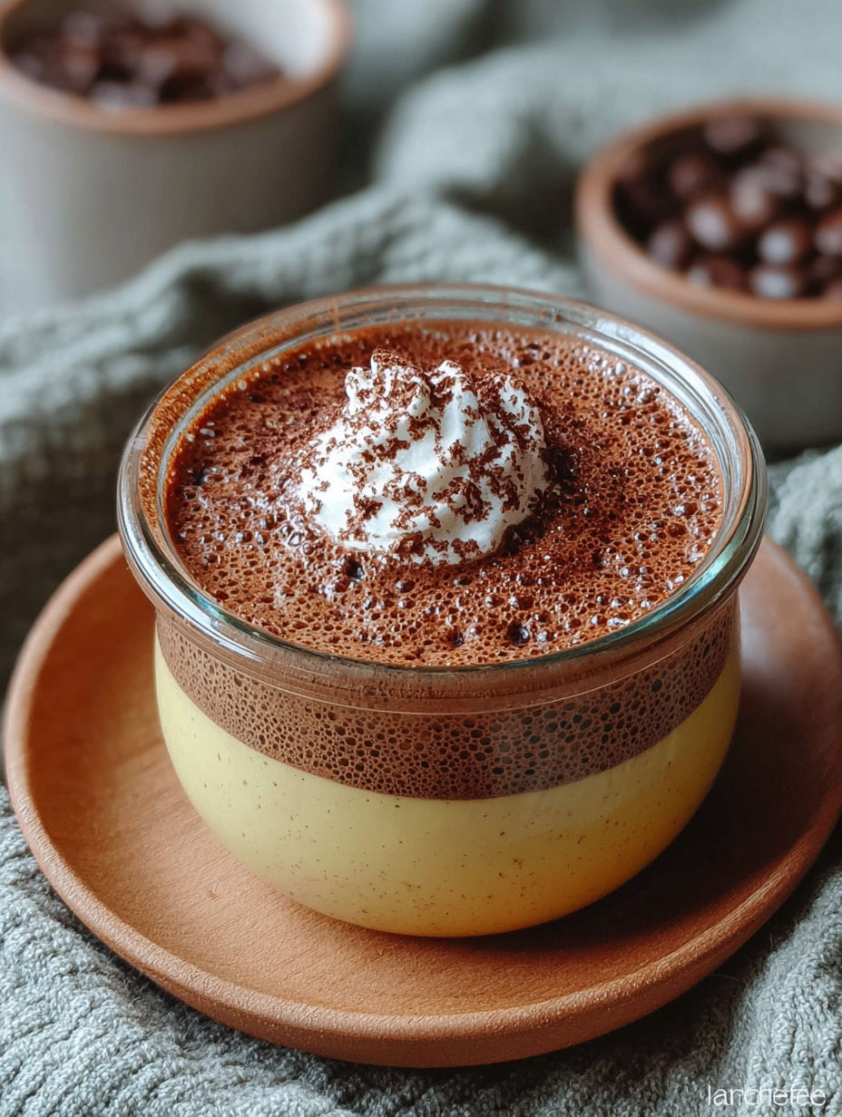 Gros plan sur la crème montée aérienne saupoudrée de cacao sur lit de chocolat-café.