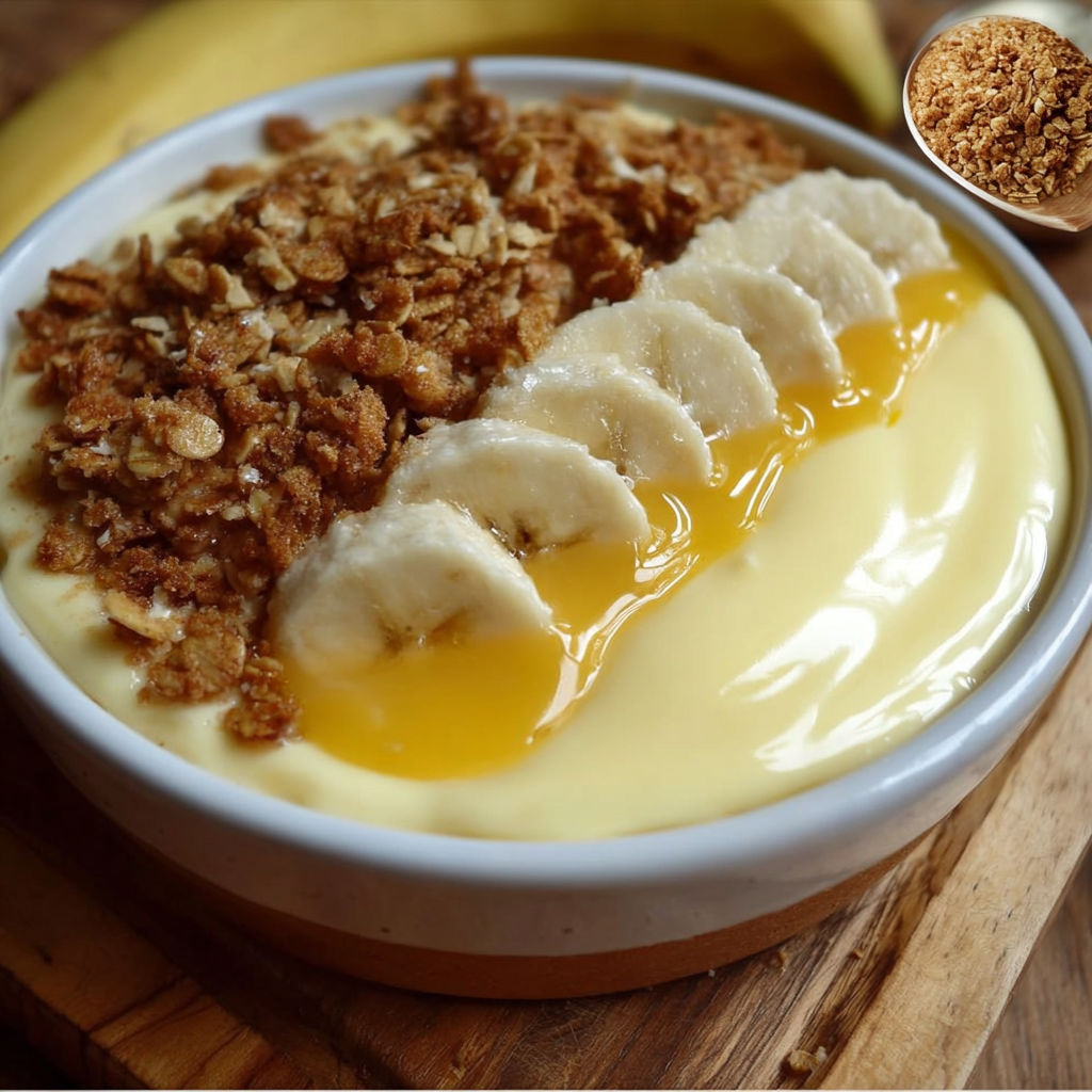 Une recette de crème dessert banane et vanille au granola.