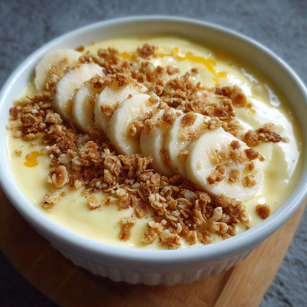 Bol de crème vanille onctueuse avec rondelles de bananes et granola croquant.