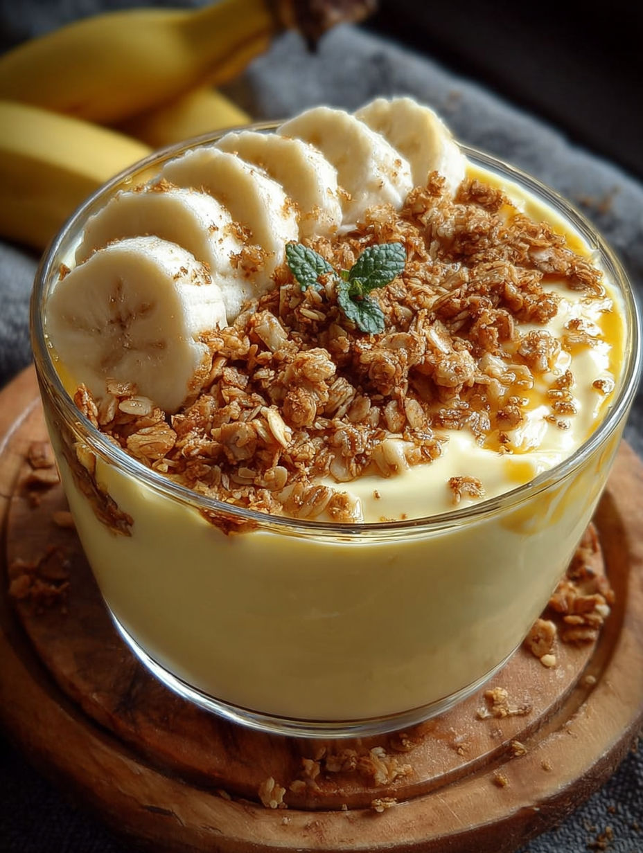 Verrine de crème banane-vanille avec garniture généreuse de granola.