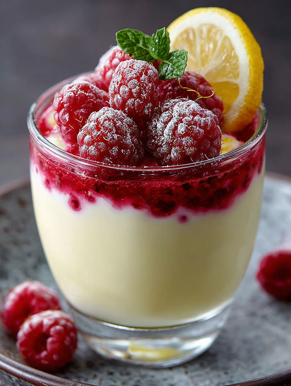 Détail de la texture veloutée de la crème citron et ses fruits rouges frais.