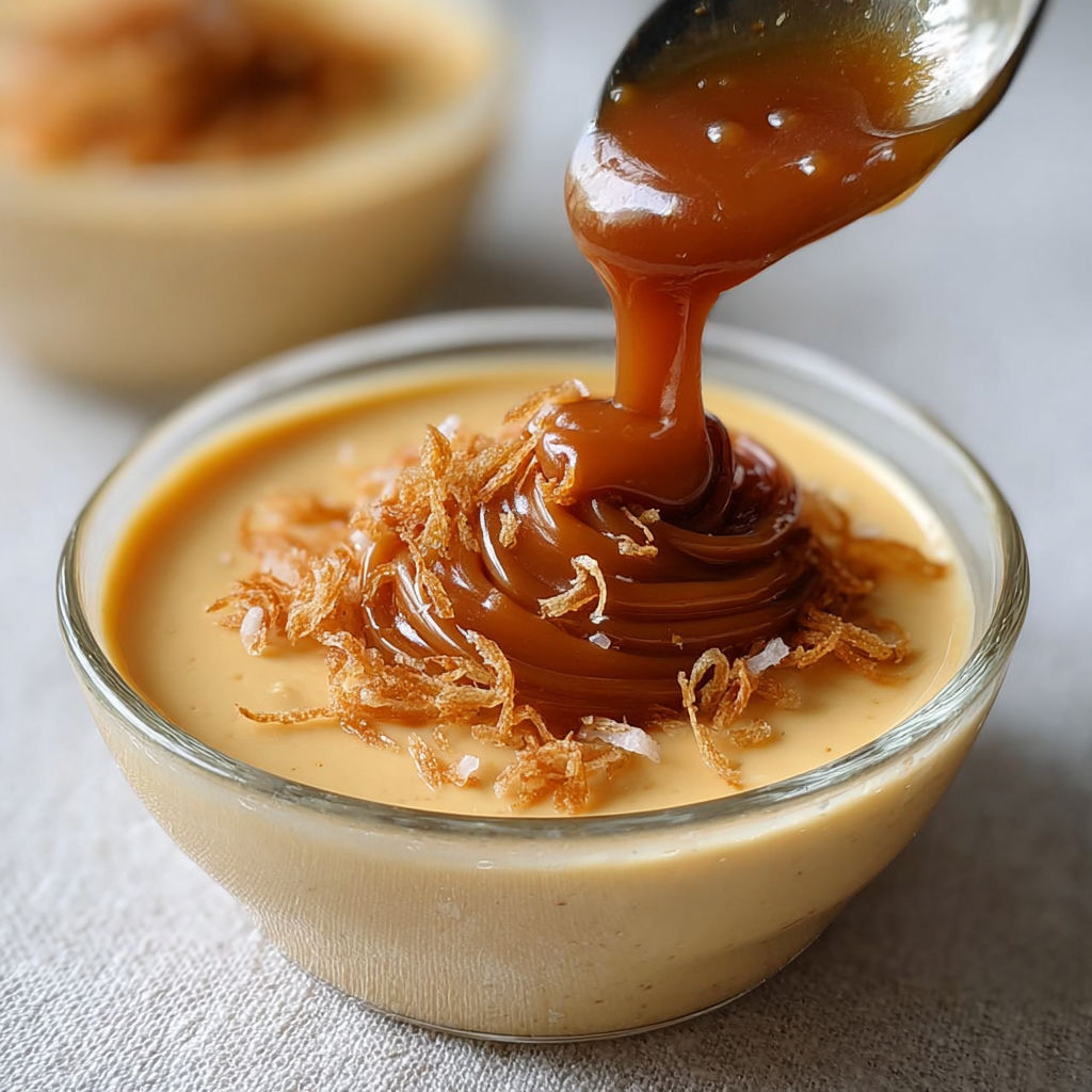 Une crème caramel délicieuse est servie dans un bol sur une table.