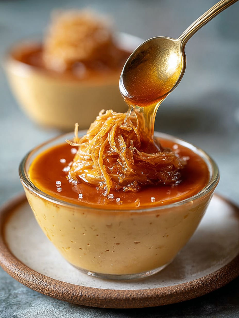 Verrine de crème au caramel ambré avec une présentation élégante et épurée.