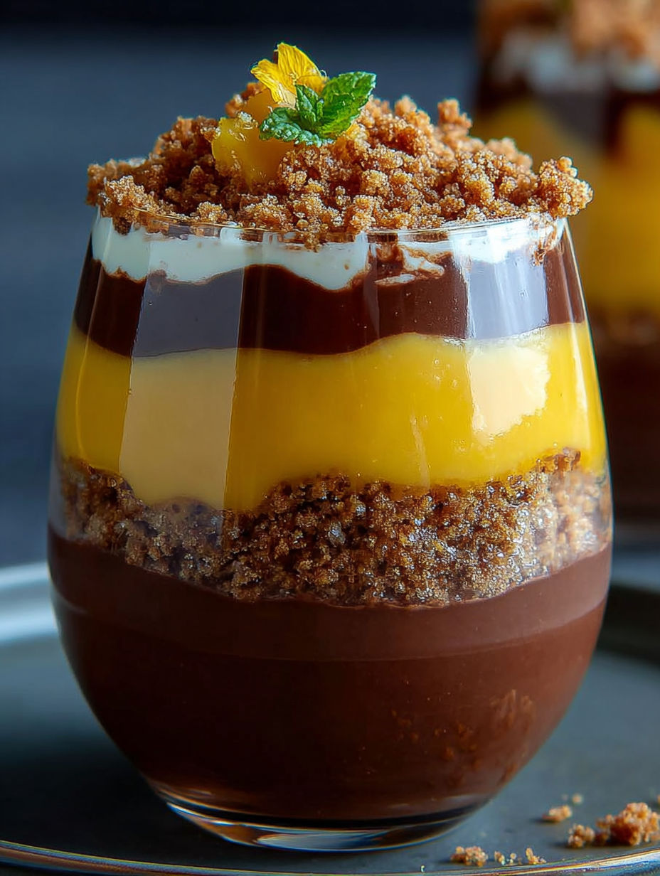 Détail d'une verrine chocolat et mangue décorée de zestes et d'herbes fraîches.