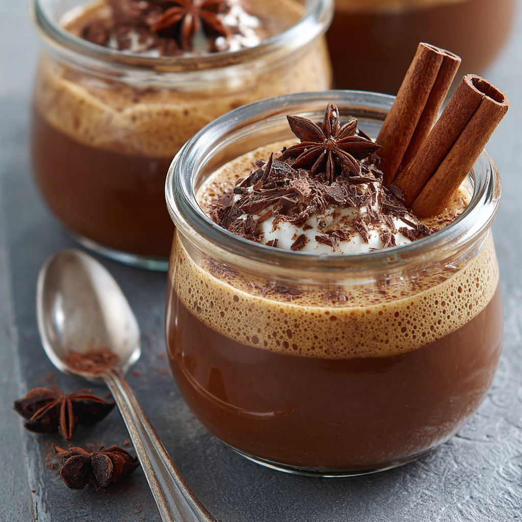 Crème chocolat onctueuse parfumée à la vanille et cannelle, servie en verrine.