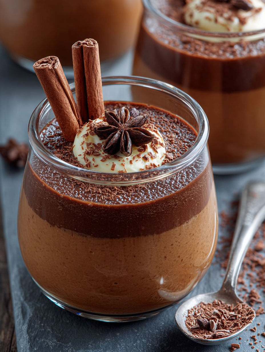 Présentation gourmande de la crème chocolat avec bâtons de cannelle et épices.