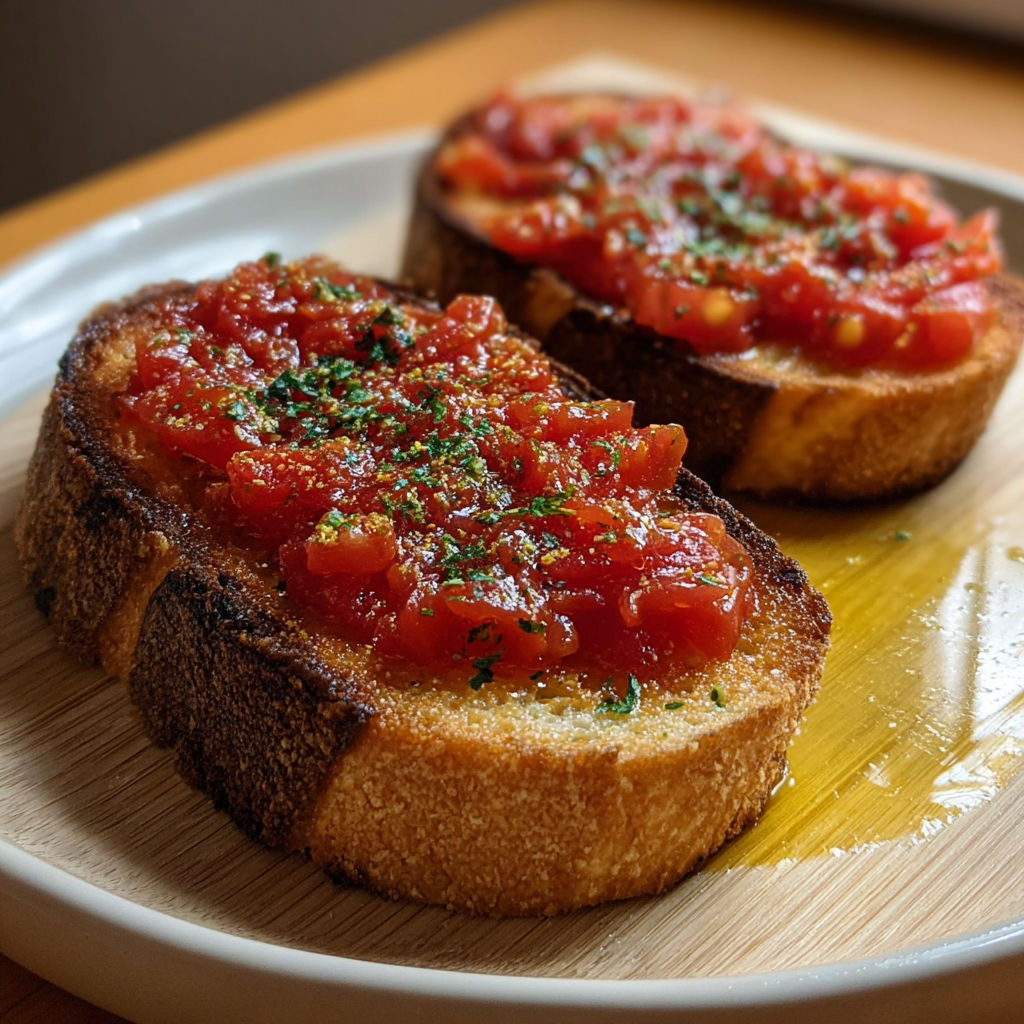 Préparation du pan con tomate avec pain grillé et tomates fraîches.