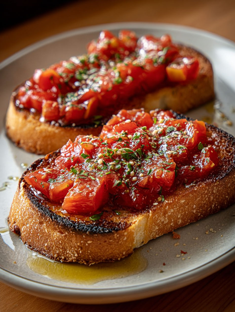 Tranches de pain grillées frottées à la tomate et à l'ail.