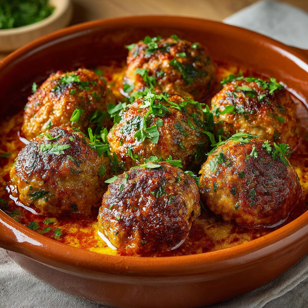 Boulettes espagnoles dans un bol ronde, servies dans une sauce rouge.