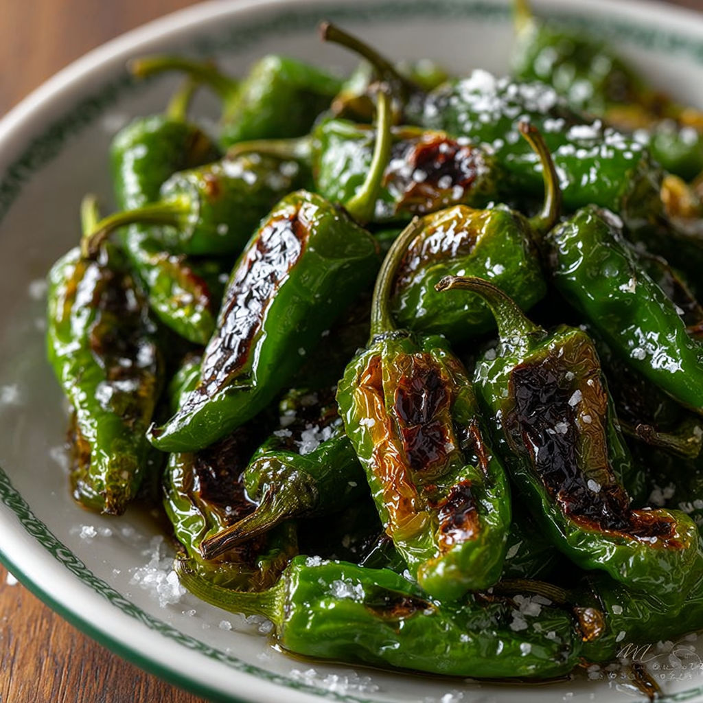 Une assiette de Pimientos de Padrón (tapas express) avec des pimentos verts et noirs.
