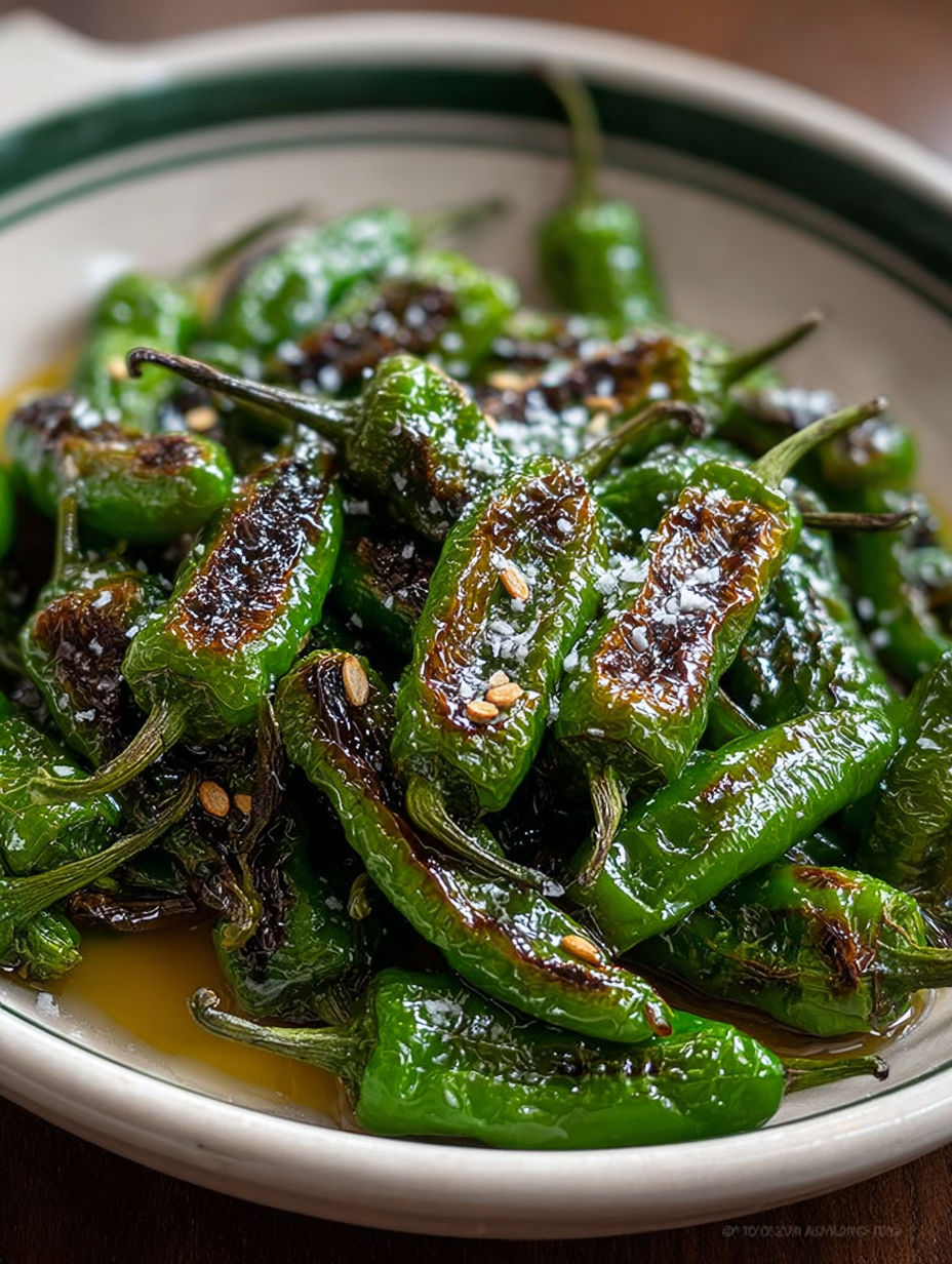 Pimientos de Padrón bien marqués par la cuisson, servis en tapas.