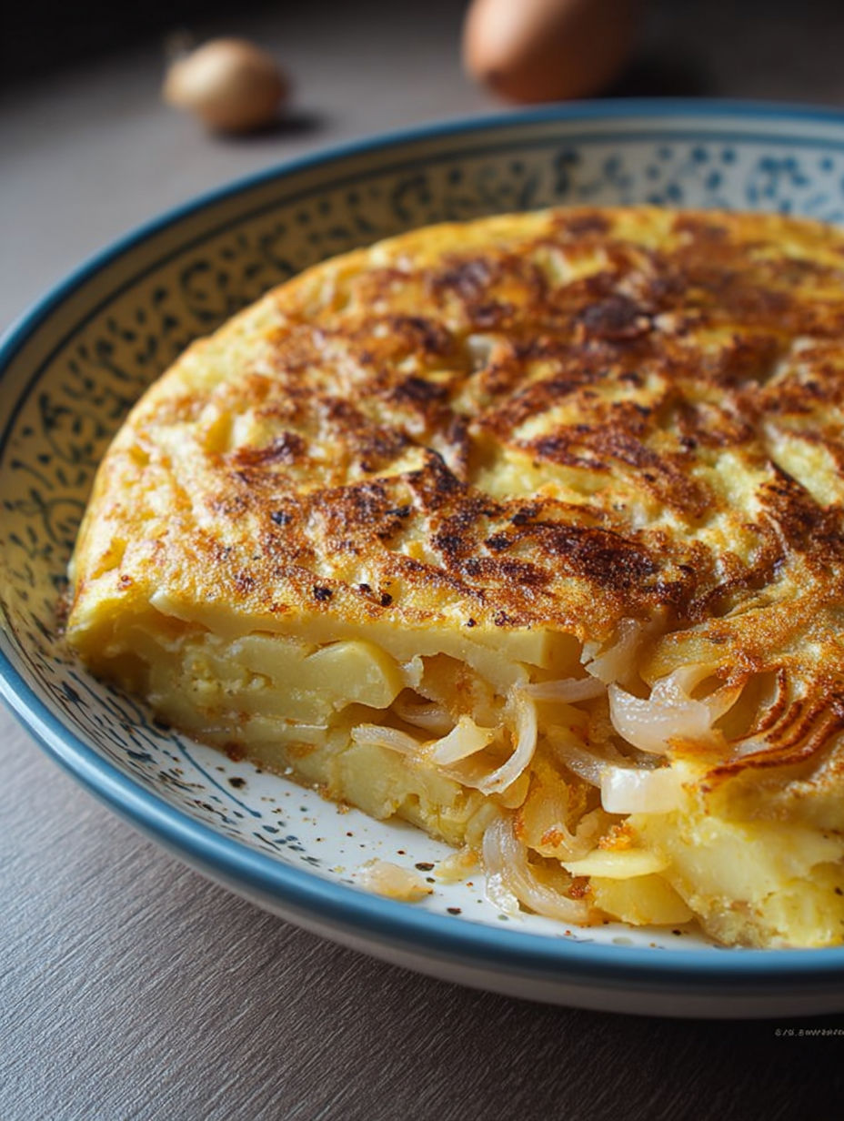 Détail de la texture fondante d'une part de tortilla aux oignons.