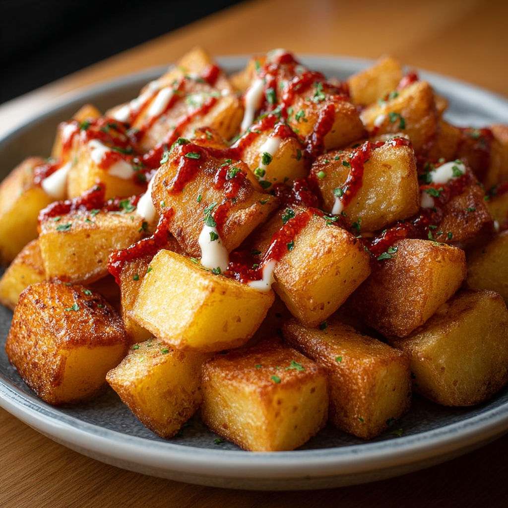Patatas bravas croustillantes nappées de leurs deux sauces traditionnelles.