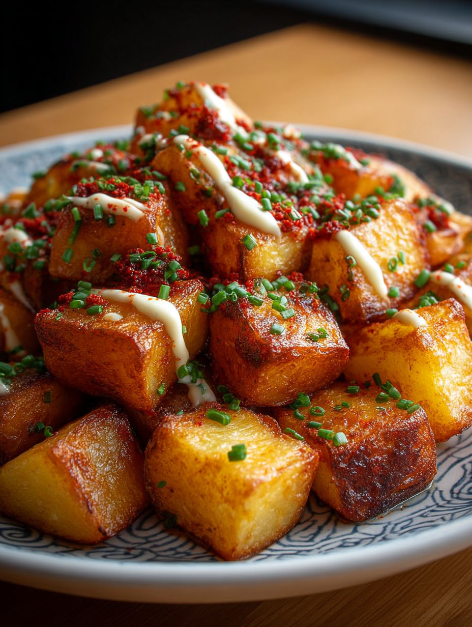 Gros plan sur l'aïoli crémeux déposé sur les pommes de terre épicées.