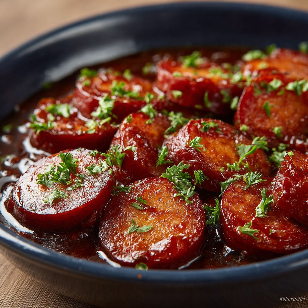 Une assiette de chorizo à la sauce tomate (tapa) est servie dans un bol.