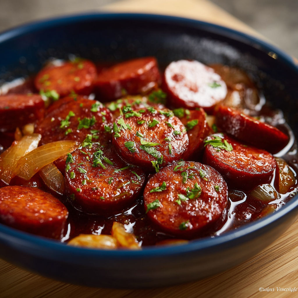 Rondelles de chorizo fondant dans une sauce tomate onctueuse parsemée de persil.