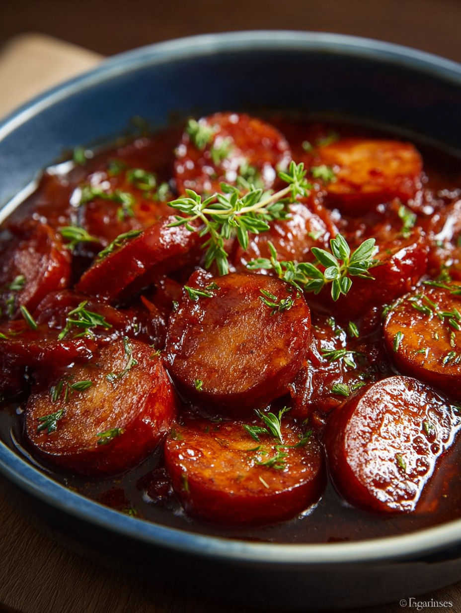 Bol de tapas espagnol avec chorizo à la tomate, prêt pour l'apéritif.