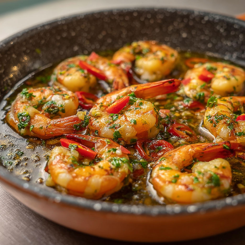 Gambas à l'ail grésillantes dans leur huile pimentée, prêtes à être partagées.