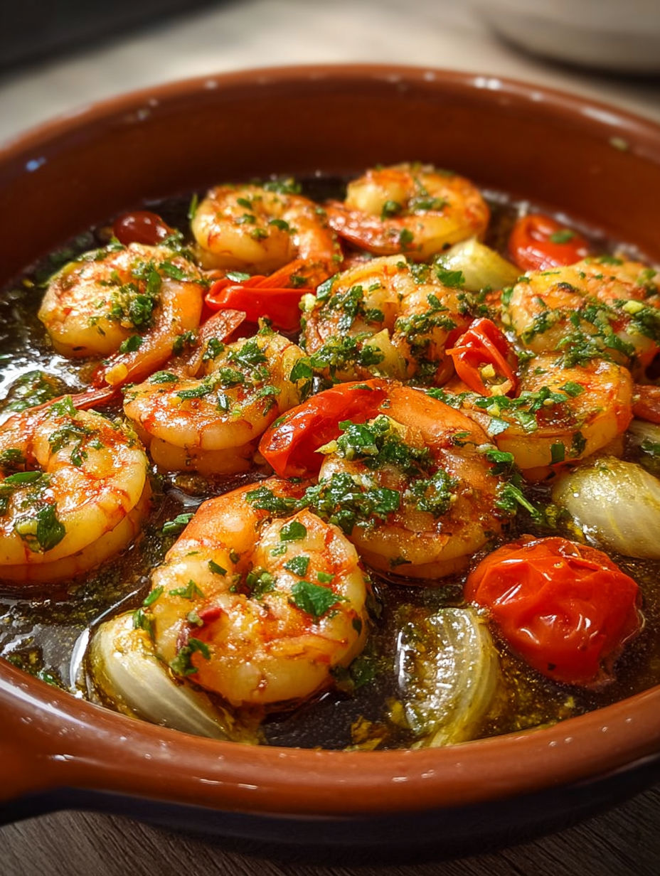 Cassolette de crevettes à l'espagnole avec ail et persil.