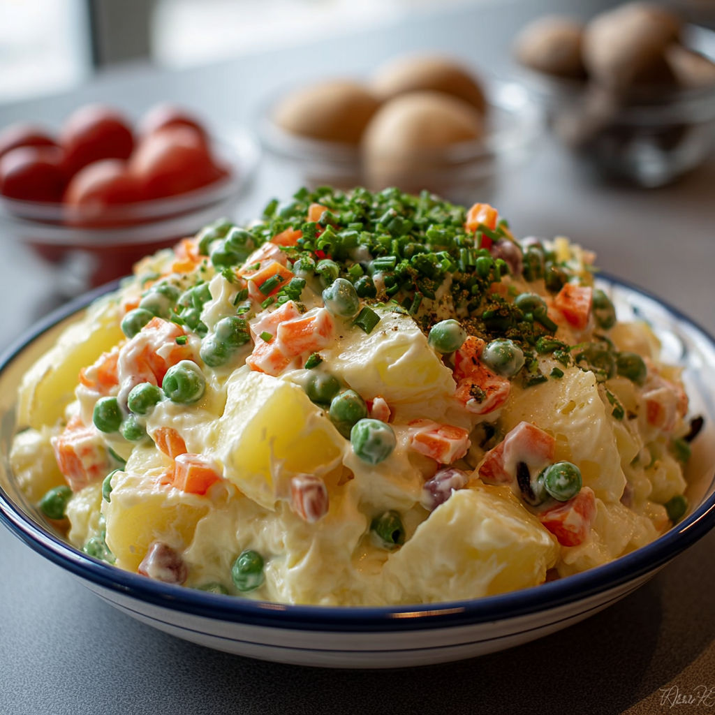 Une salade espagnole tapas est servie dans un bol bleu et blanc.