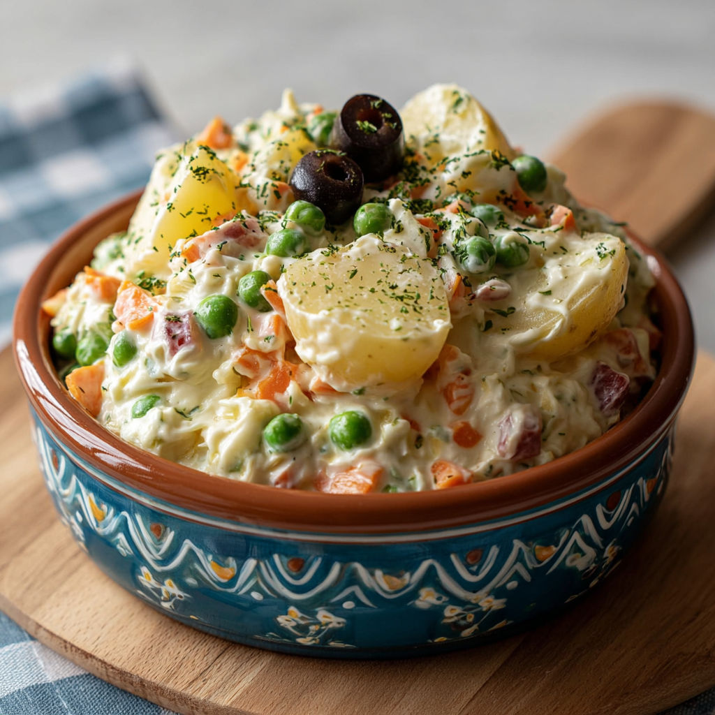 Ensaladilla rusa crémeuse présentée avec des olives et une touche de paprika.