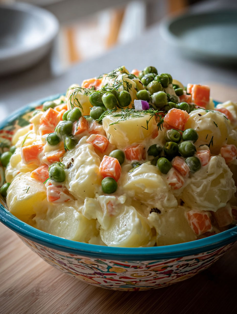 Détail de la texture onctueuse de la salade russe aux légumes colorés.