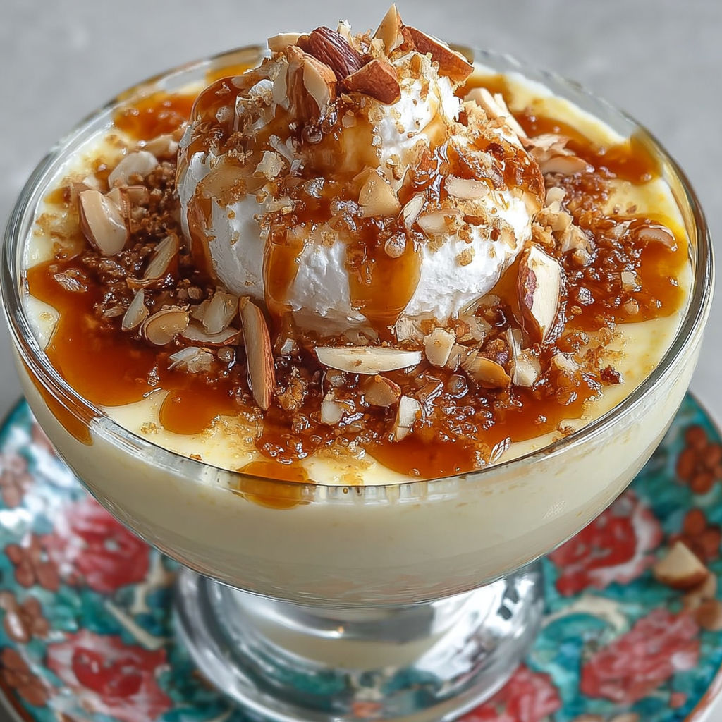 Verrine de crème dessert onctueuse nappée de caramel et d'éclats d'amandes.