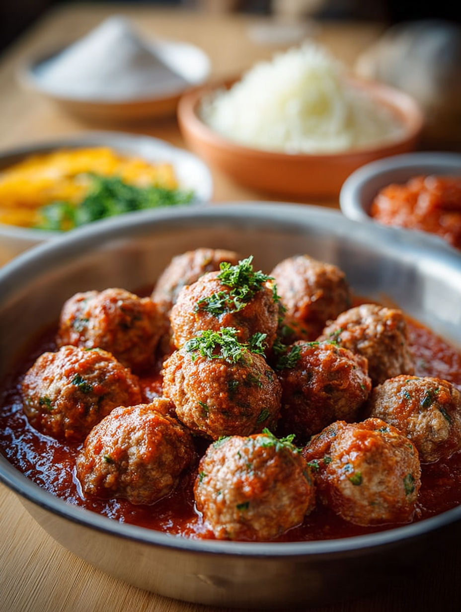 Bol d'albóndigas servi avec une sauce tomate épaisse et des herbes fraîches.