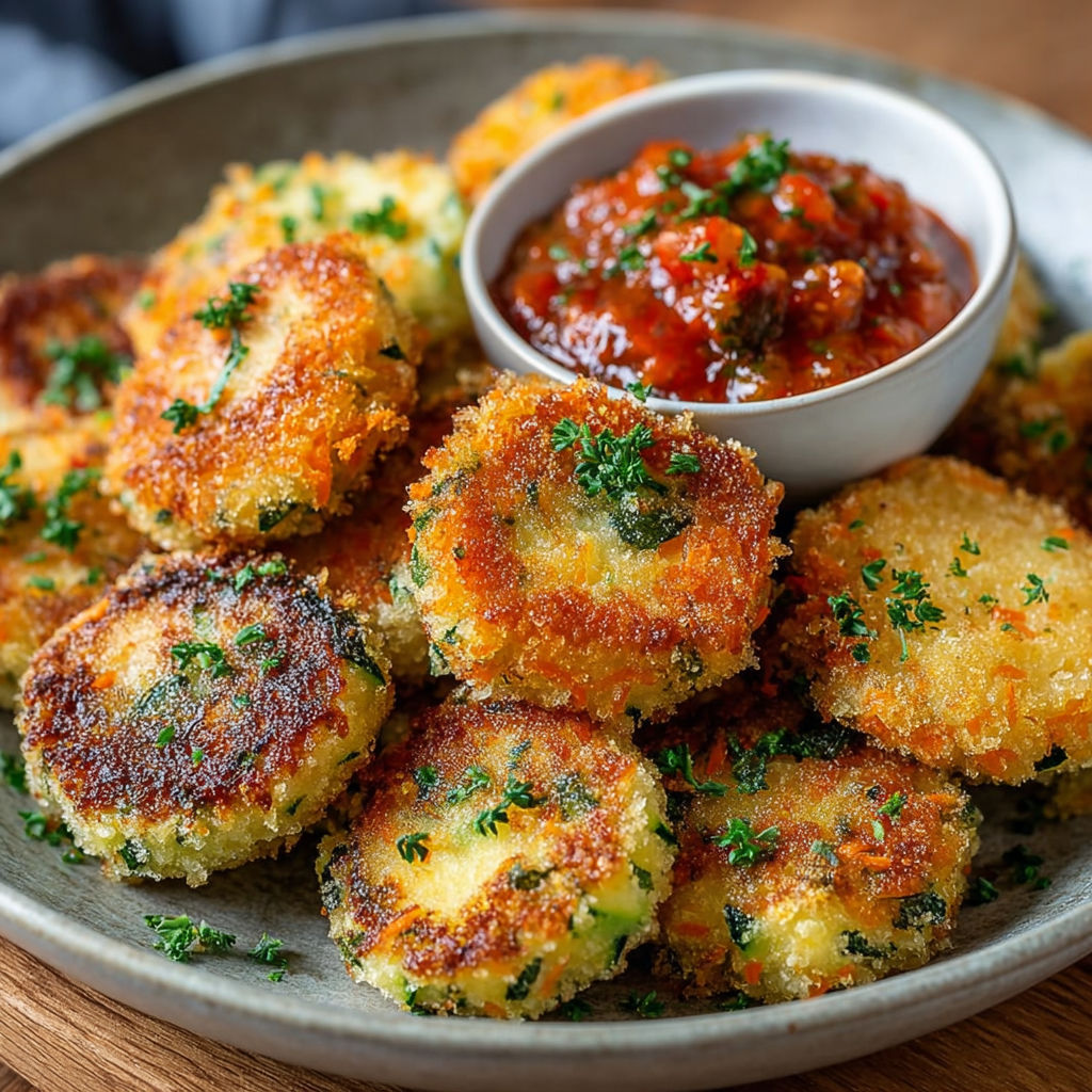 Une assiette de Nuggets de Légumes, avec des sauces et des herbes, prêts à être mangés.